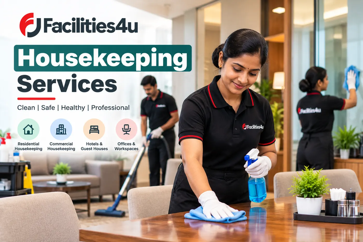 Facilities4u housekeeping staff cleaning and sanitising a workplace in Bengaluru