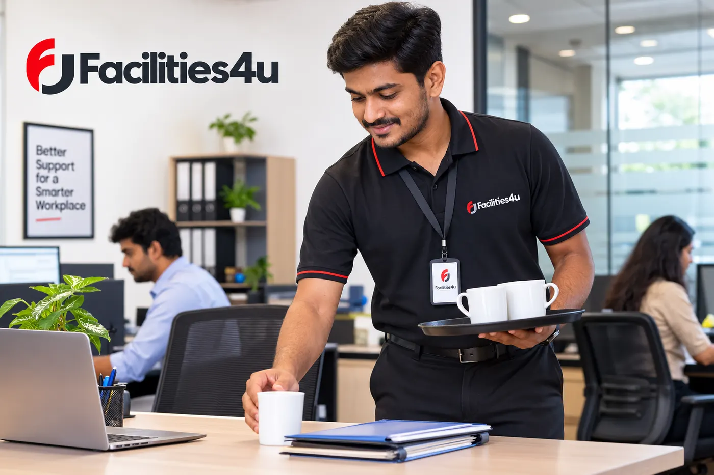 Facilities4u office boy staff serving a client at a desk in a Bengaluru office