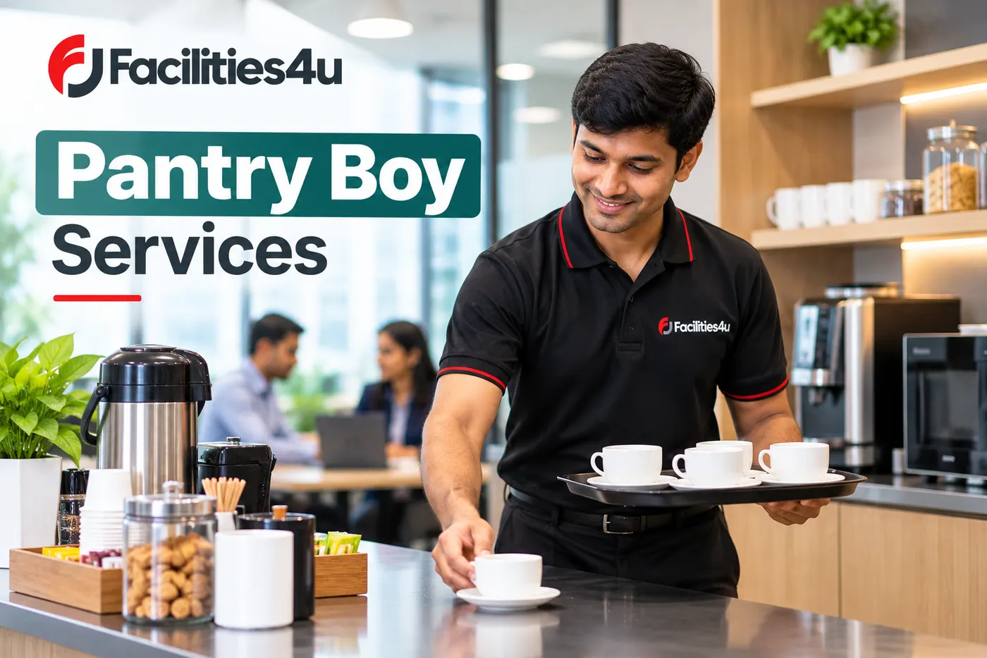 Facilities4u pantry boy preparing and serving tea and coffee in an office pantry in Bengaluru