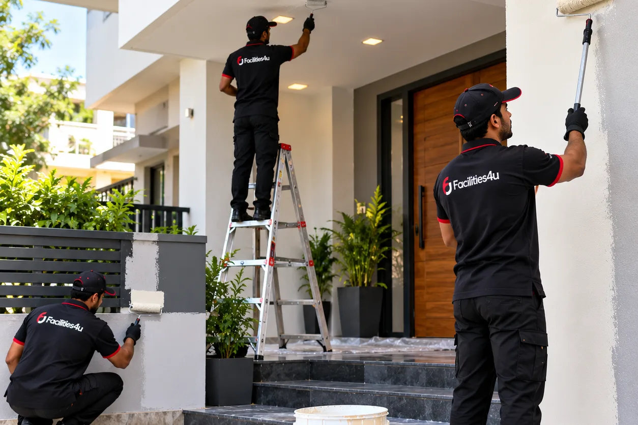 Facilities4u painters applying exterior paint to a house facade and compound wall in Bengaluru